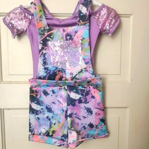 Weissman girls dance costume purple overall shorts two piece.